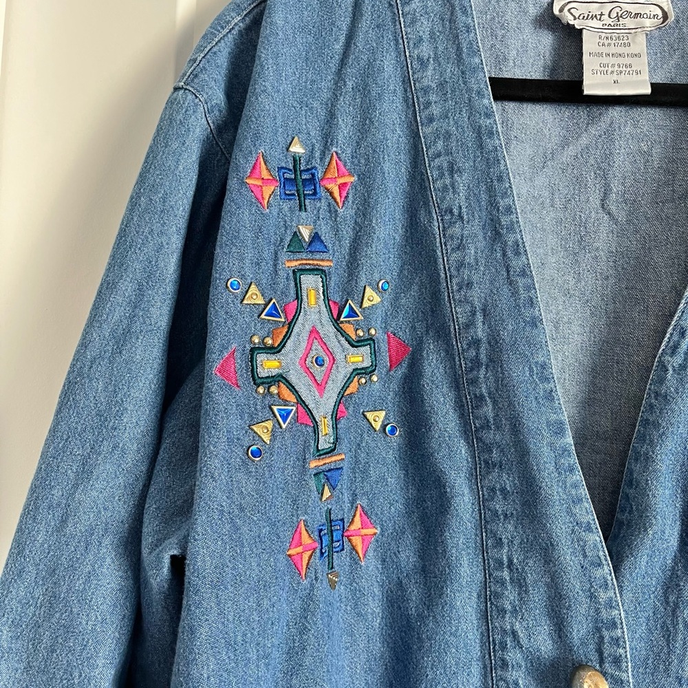 Vintage Saint Germain Paris Funky Embroidered Jean Jacket Size XL - Picture 3 of 13